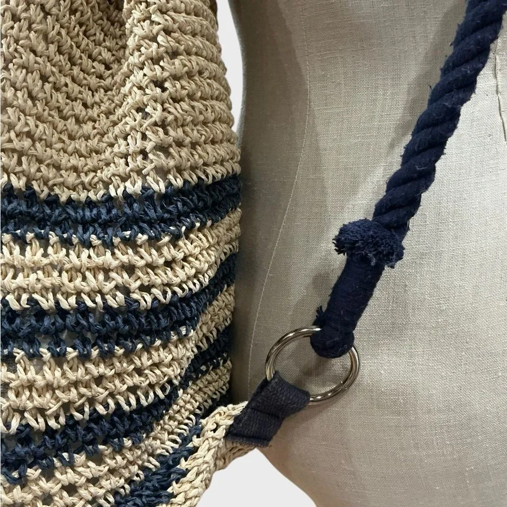 Cynthia Rowley Straw Drawstring Backpack Cream Navy Woven Boho Bag